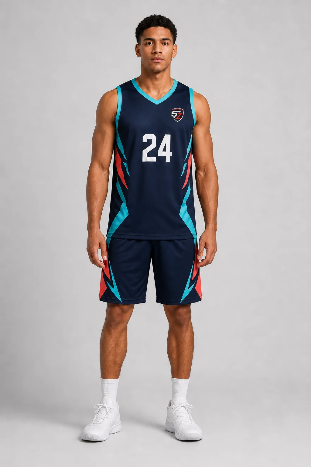 Front view of a navy teal and coral custom basketball jersey and shorts design concept
