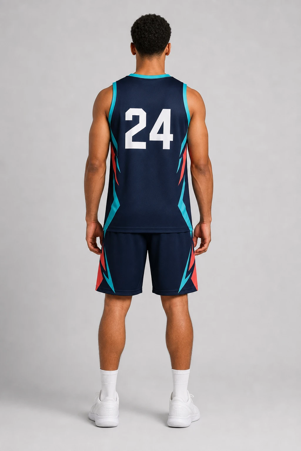 Back view of a navy custom basketball uniform concept with player number placement