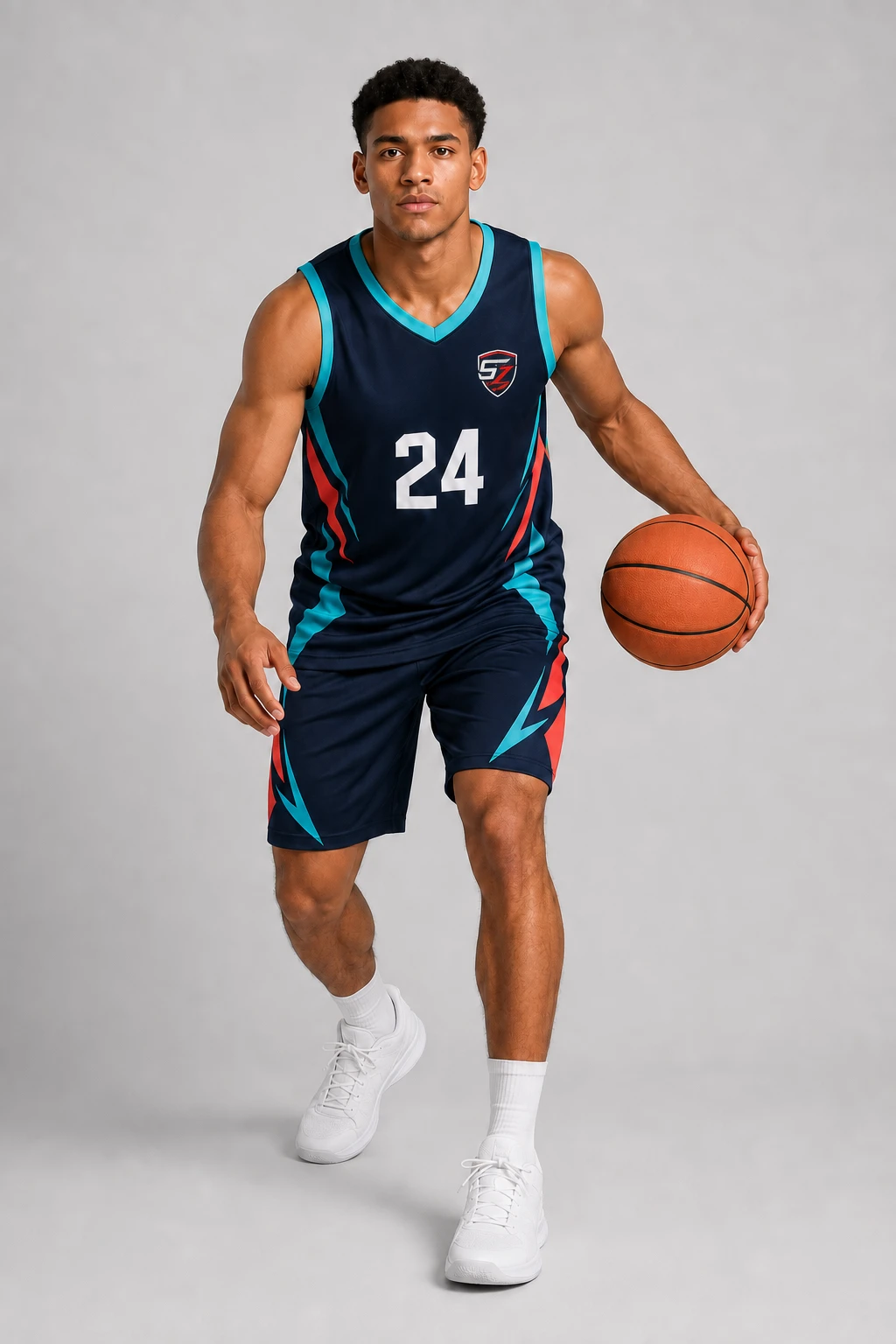 Basketball player in an original navy teal and coral uniform design concept