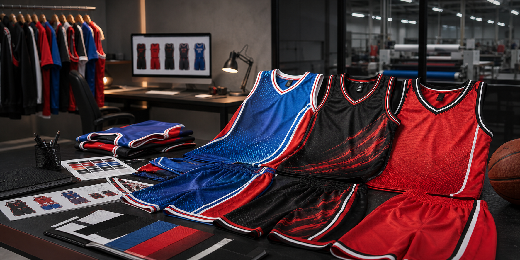 Custom basketball uniform design planning with jerseys shorts and fabric swatches