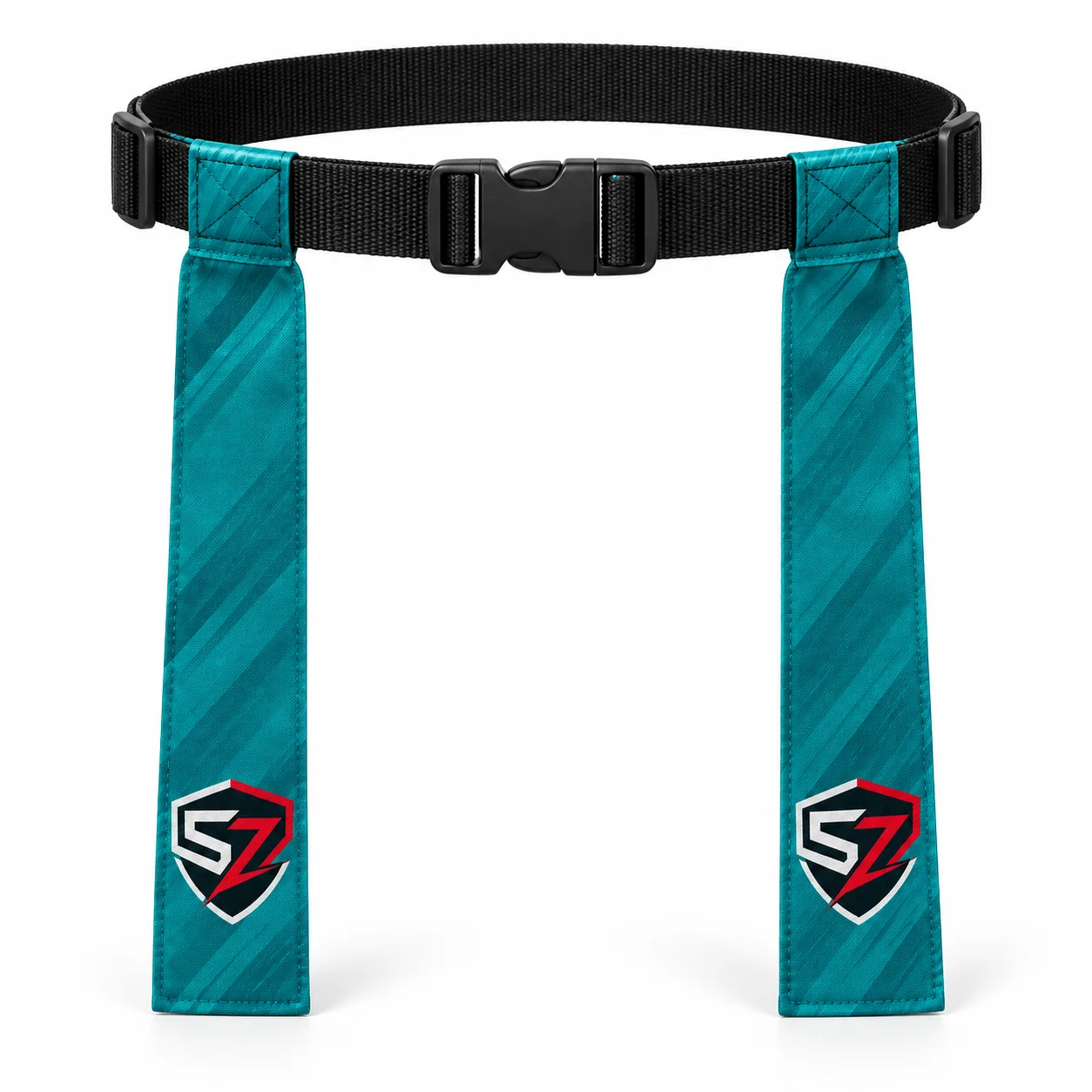 Front design mockup of teal custom flag football belts with printed Skyzone Impex shield logos