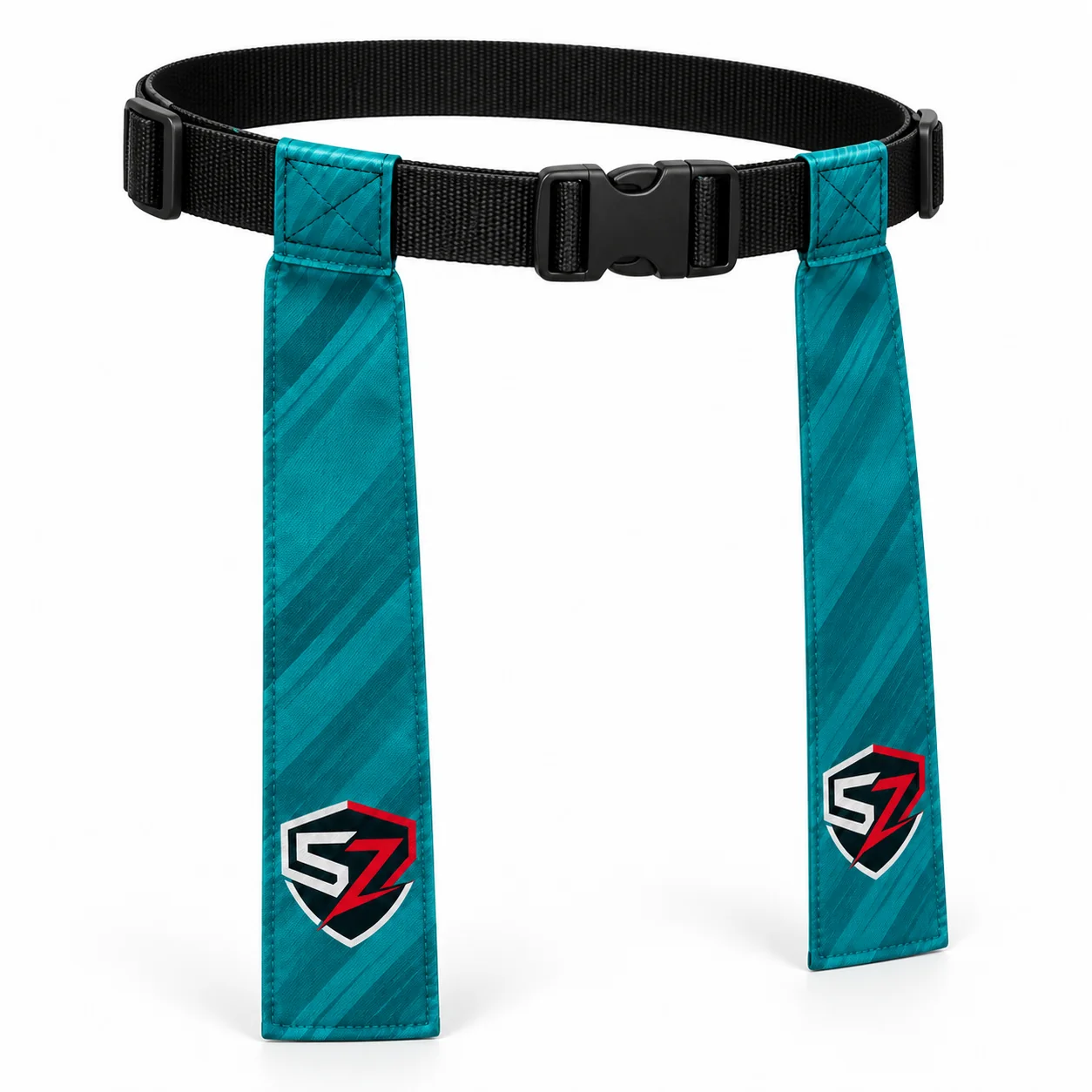 Three-quarter product design mockup of custom team flag football belts in teal and black