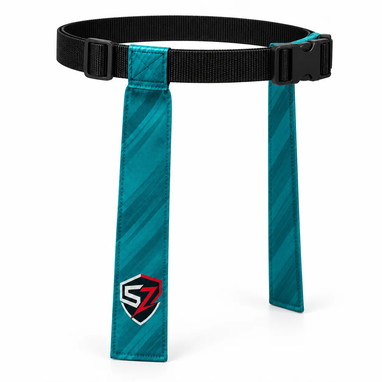 Side angle design mockup showing black adjustable belt and teal flag placement