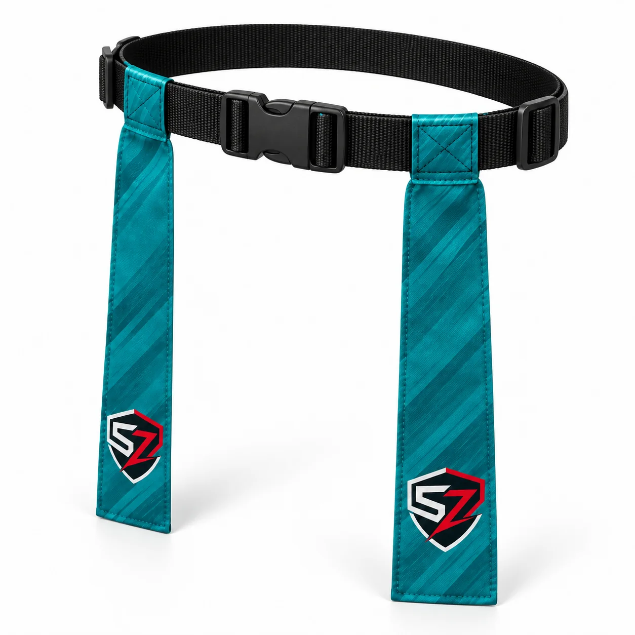 Alternate three-quarter mockup of personalized teal flag football belts for a bulk team order