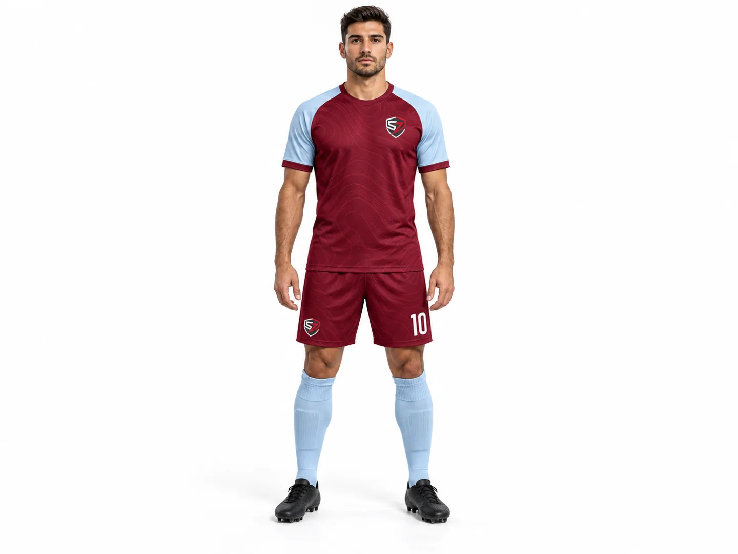 Front view of burgundy and ice-blue custom football jersey and shorts with Skyzone branding