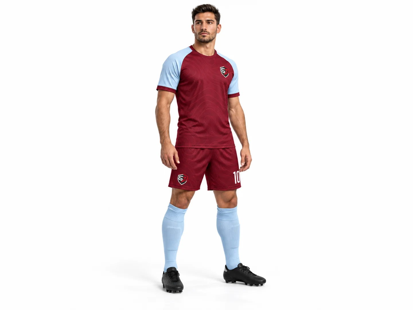 Three-quarter view of a sublimated football uniform concept with burgundy pattern and ice-blue sleeves