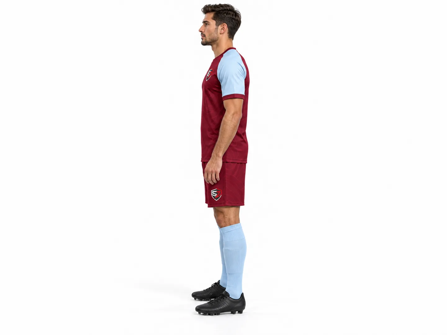 Side profile of custom soccer jersey and matching shorts showing illustrative shirt and shorts length