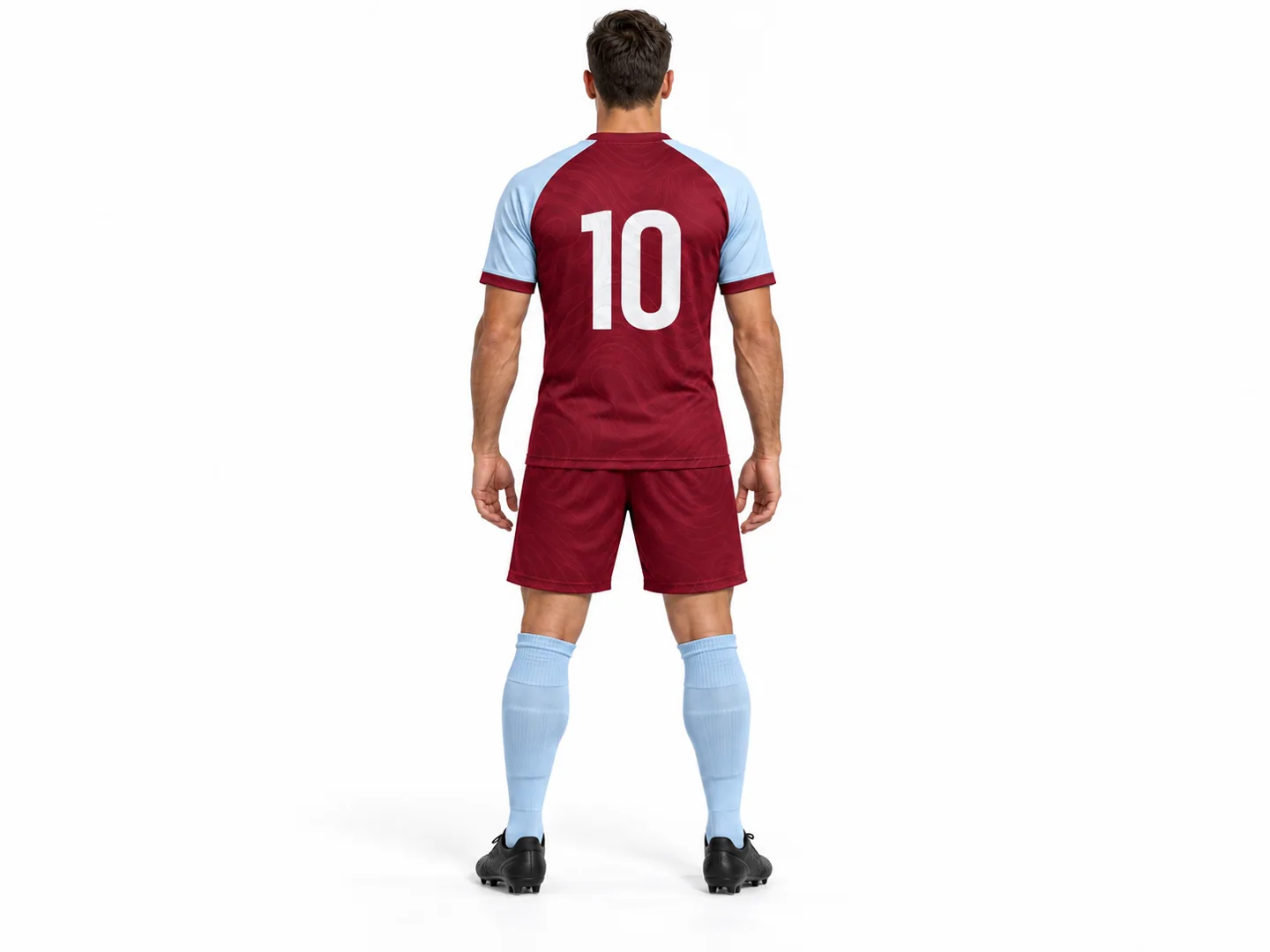 Back view of burgundy custom football uniform concept with a contrasting white number 10