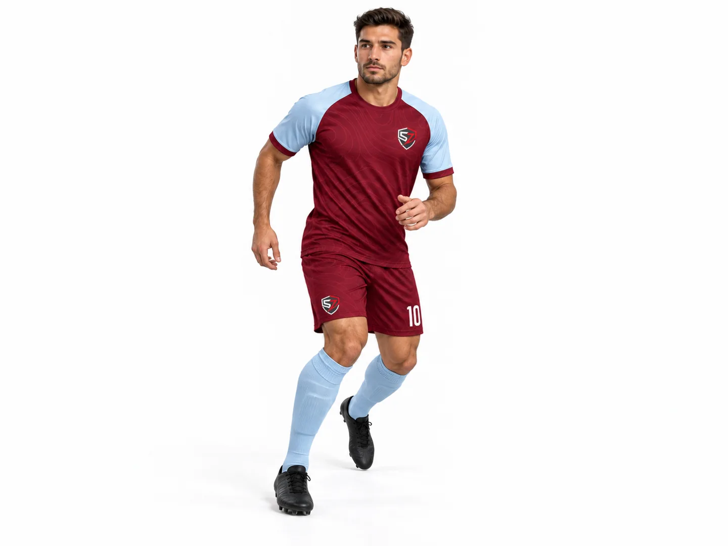 Burgundy and ice-blue football kit mockup on a model in a running pose