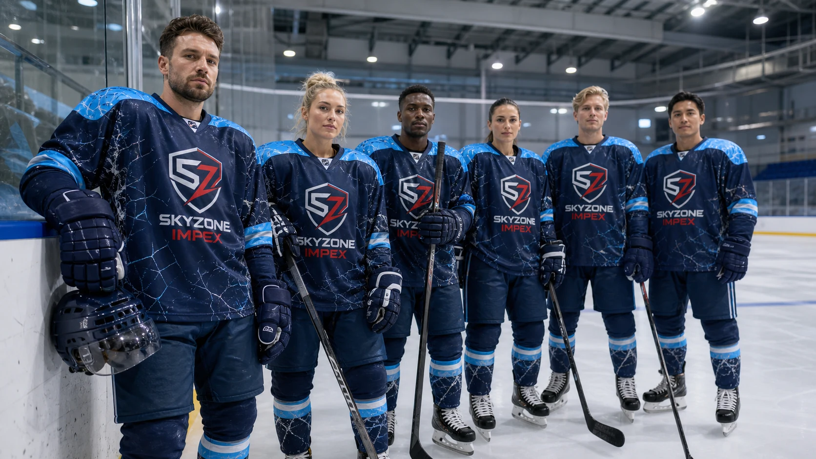 Complete custom ice hockey team uniform with matching jersey pants and socks