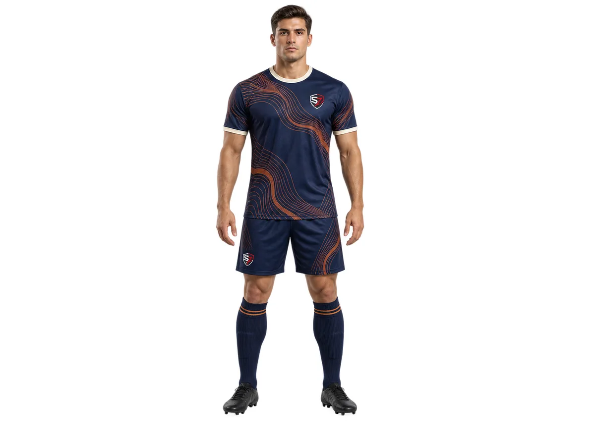Front view of a navy-and-copper custom soccer shirt, shorts and socks