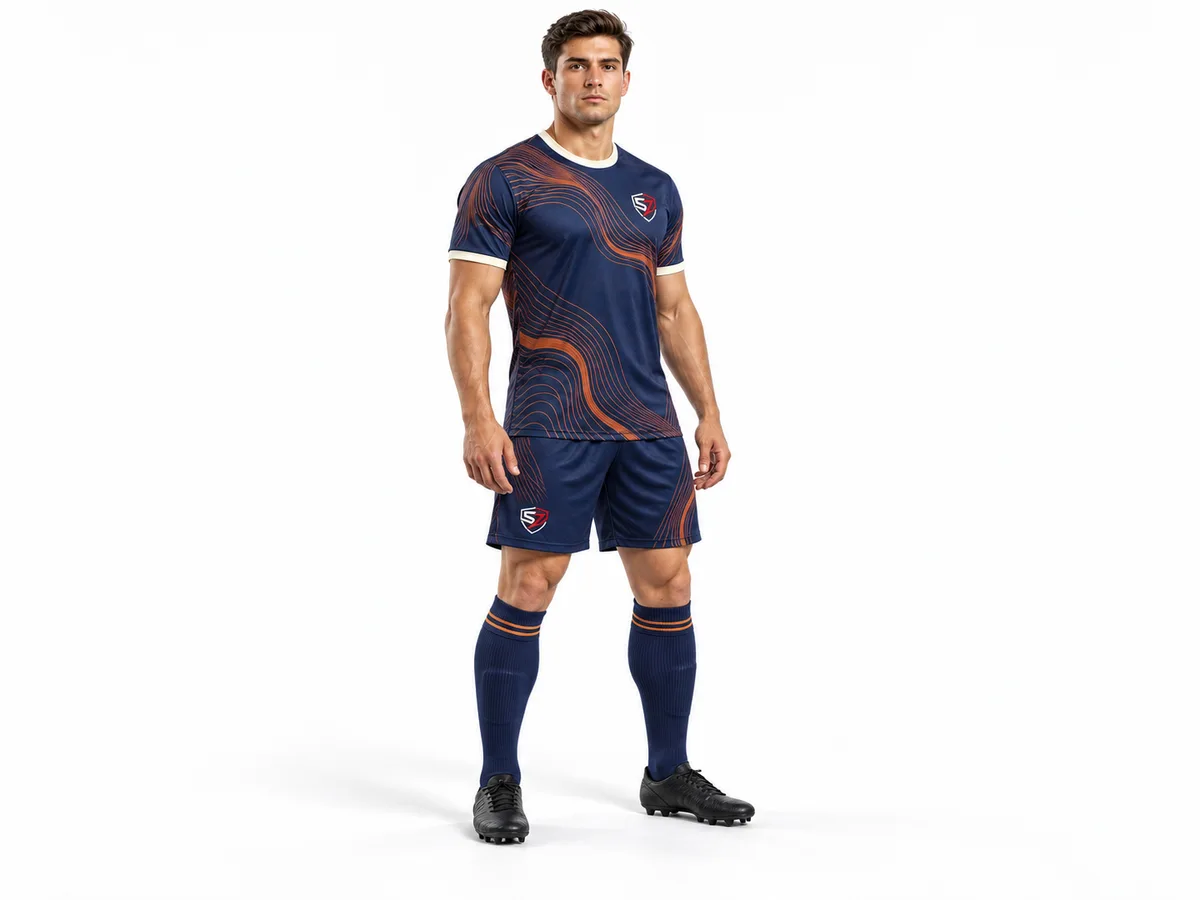Three-quarter view of a sublimated soccer kit with copper contour artwork