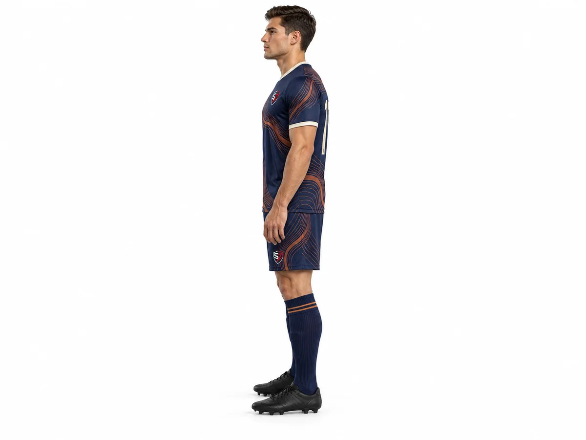 Side profile of the soccer uniform concept showing shirt and shorts proportions