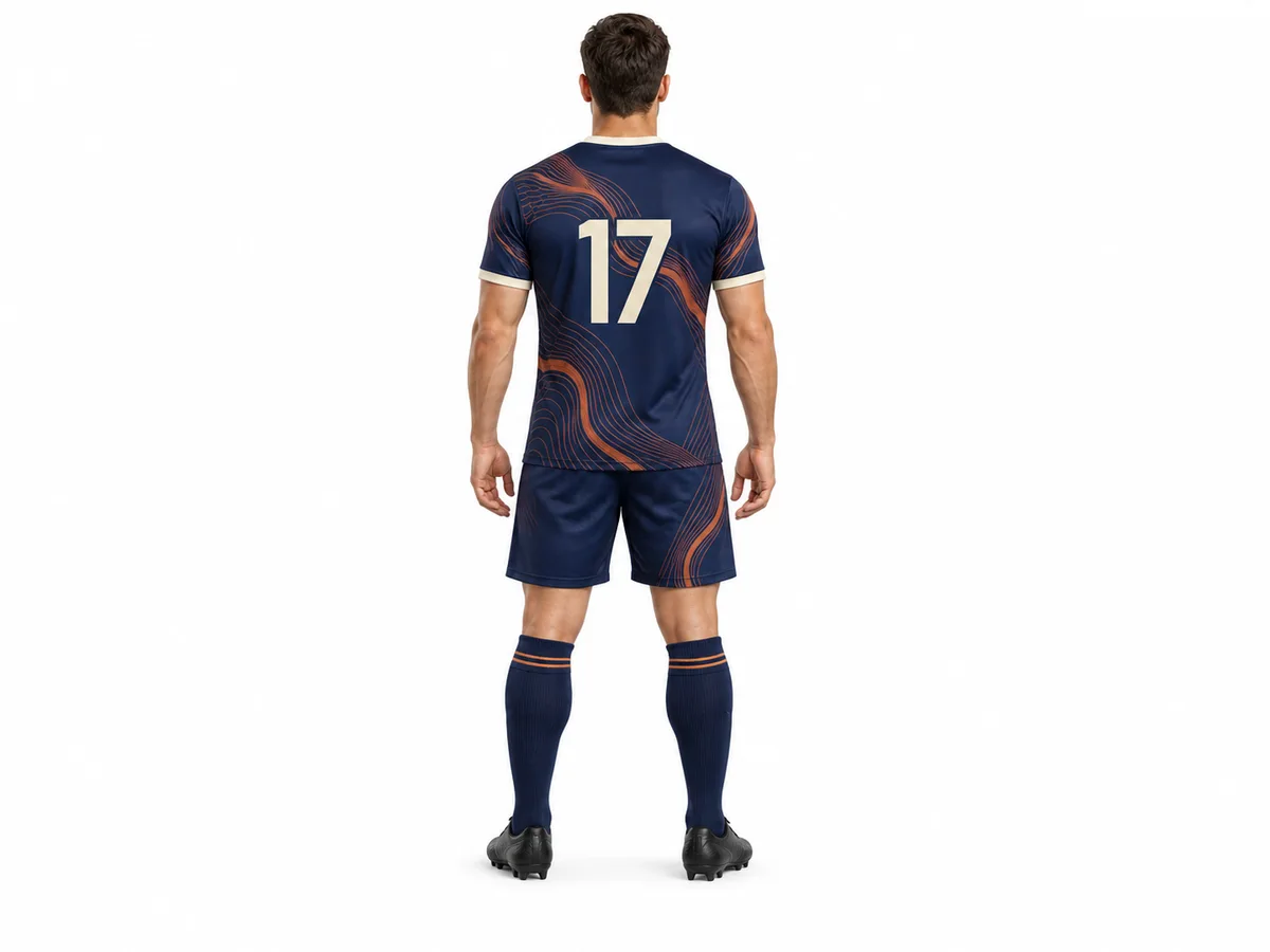 Back view of the navy soccer jersey with contrasting cream number 17