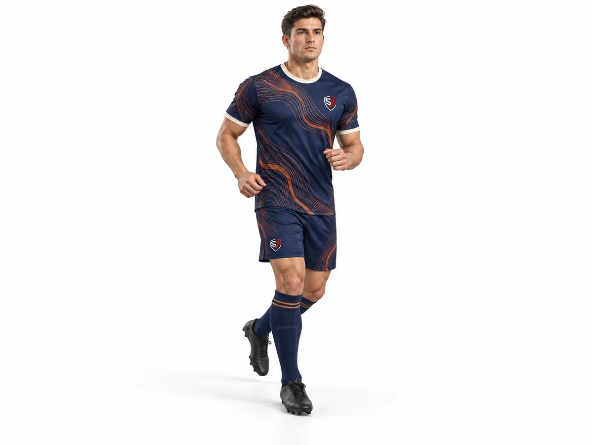 Soccer kit concept in a jogging pose illustrating the coordinated teamwear design