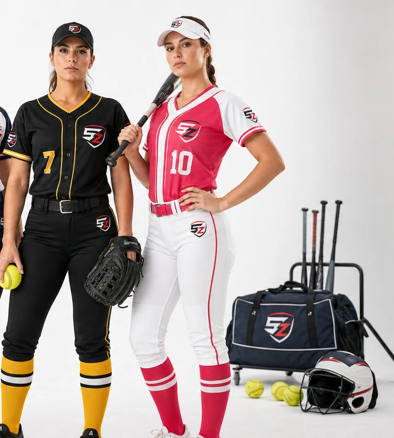 Softball team branding with custom logos on uniform and team accessories
