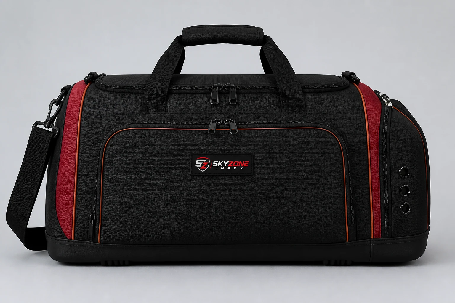 Front branding panel on a premium custom team sports duffle bag with embroidered logo badge