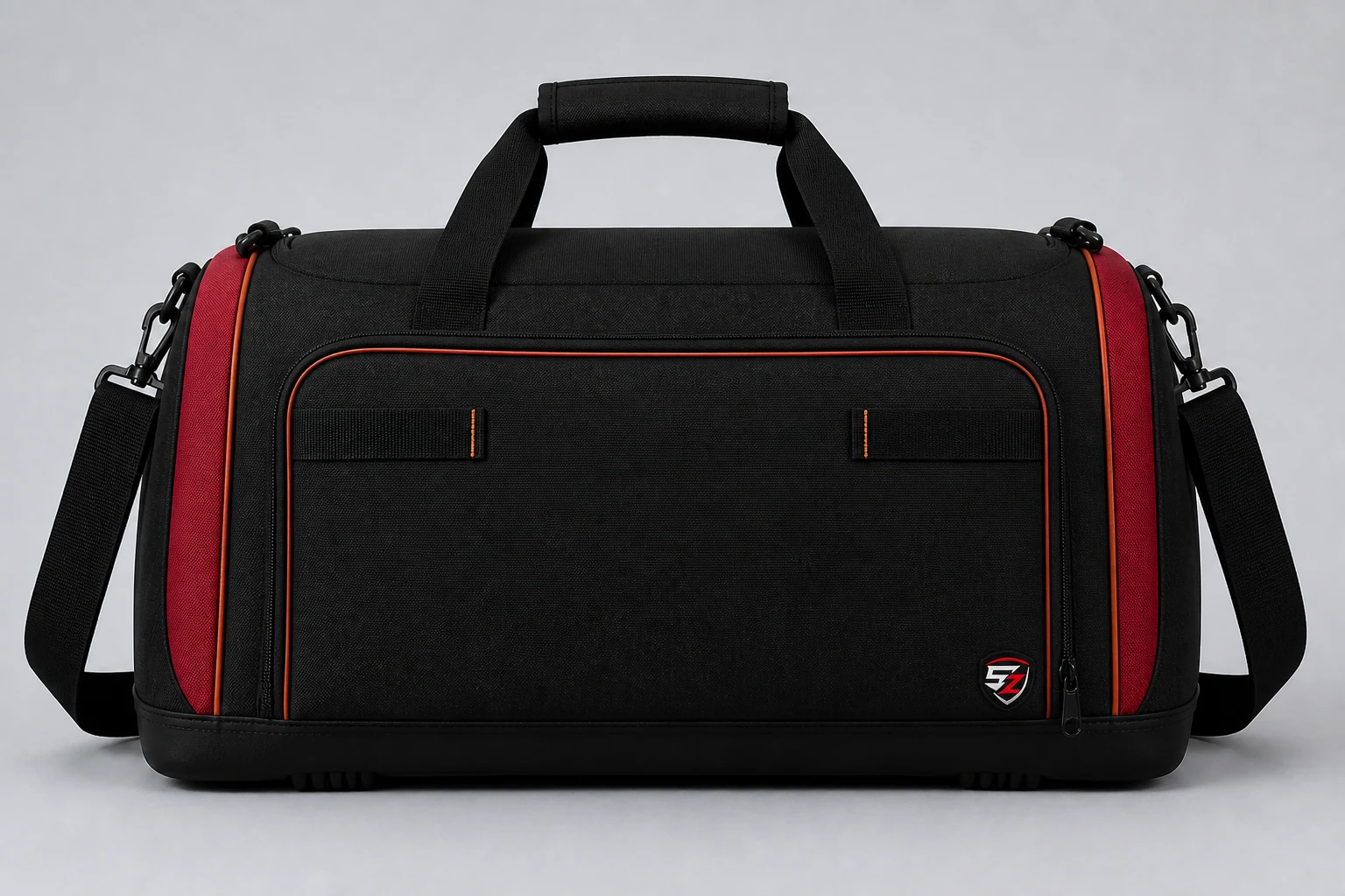 Back construction of a custom sports duffle bag with reinforced webbing and a zip document pocket