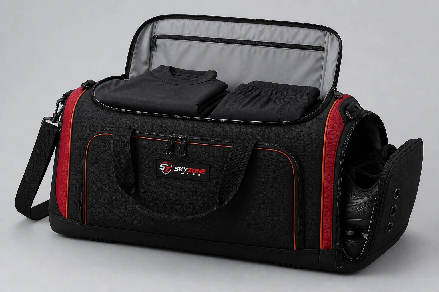 Open custom sports duffle bag showing internal capacity lining pockets and a separate boot section