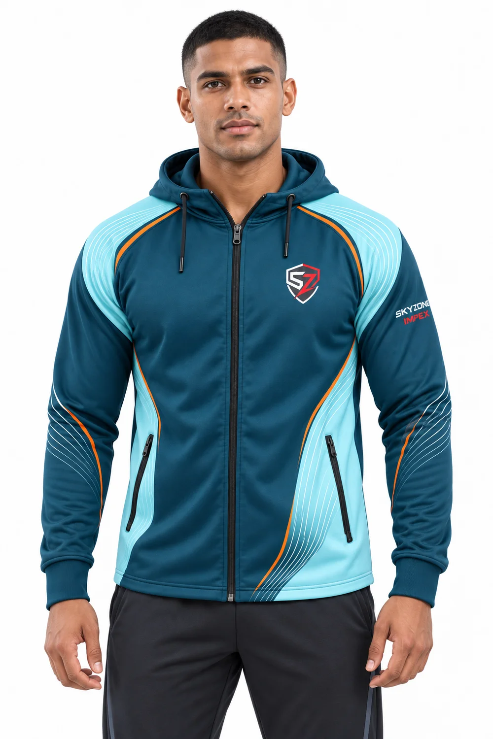 Front view of Aqua Sprint custom team hoodie with club-style sublimation graphics