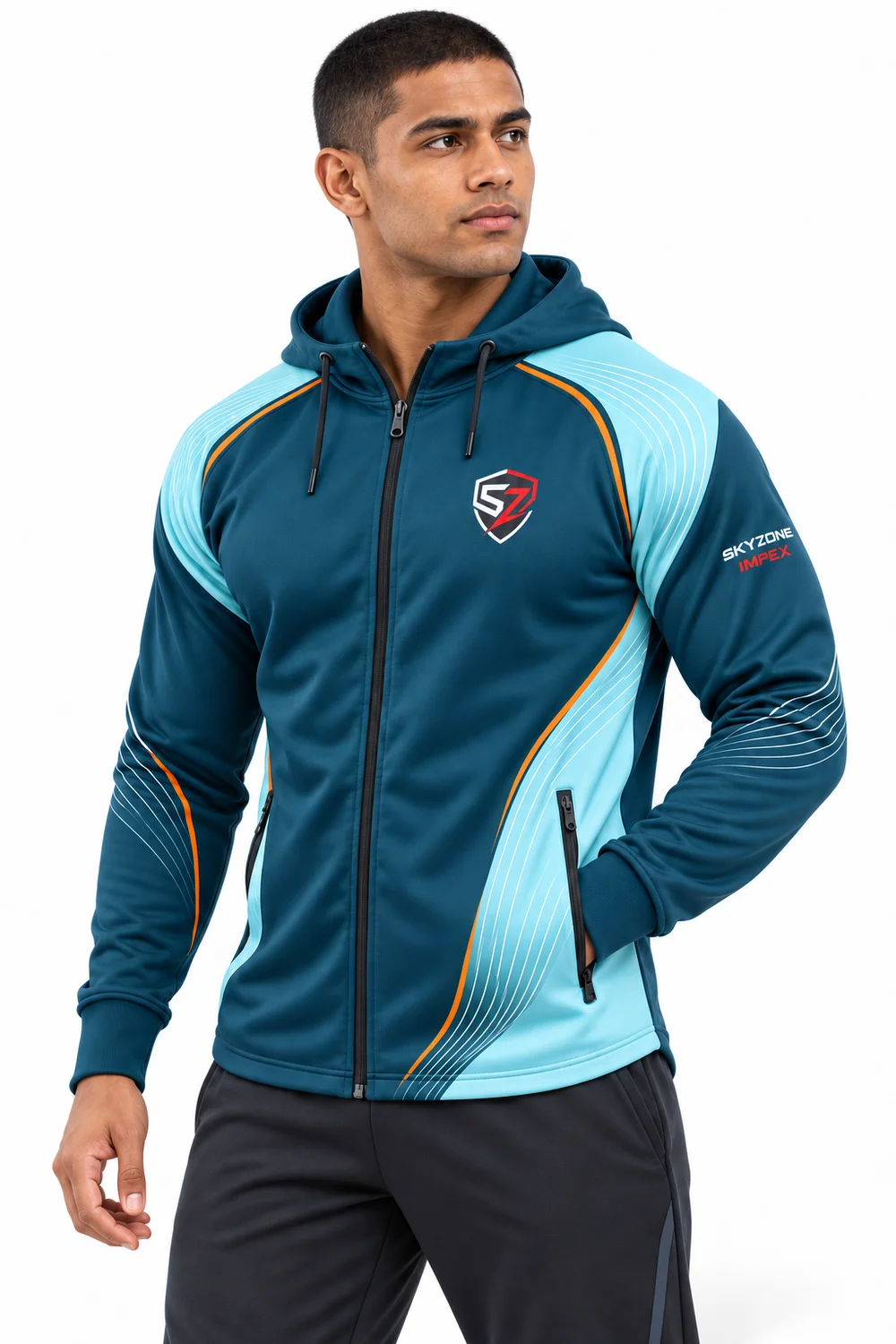 Three-quarter preview of custom full-zip sports hoodie in teal aqua and orange