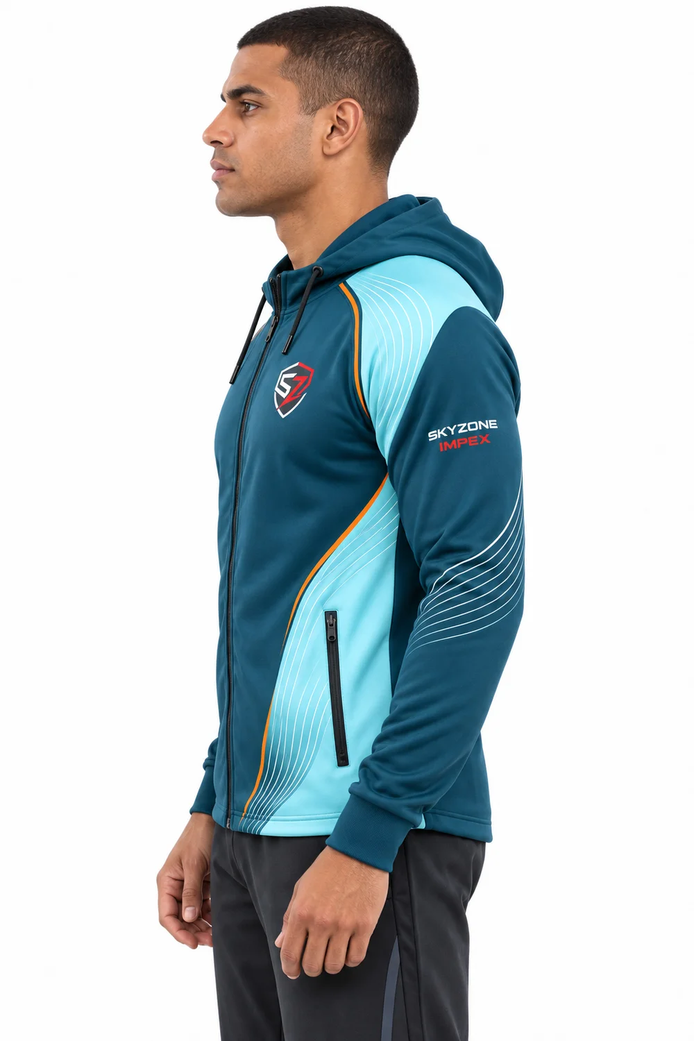 Side profile of a custom sports hoodie showing athletic fit and zip pocket