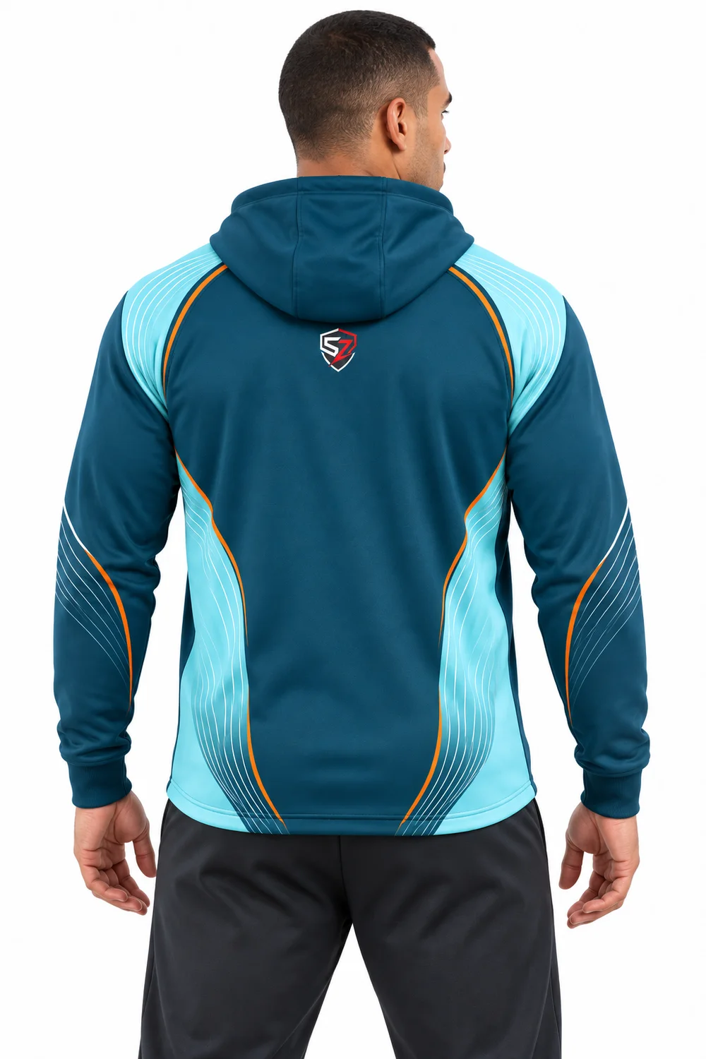 Back view of sublimated sports club hoodie with aqua panels and Skyzone branding