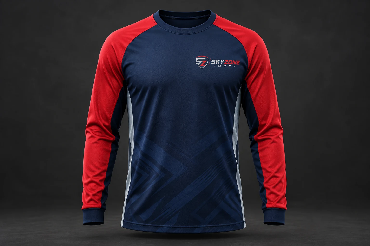 Front view of navy and red long-sleeve Sky Zone Impex warm-up shirt with silver side panels