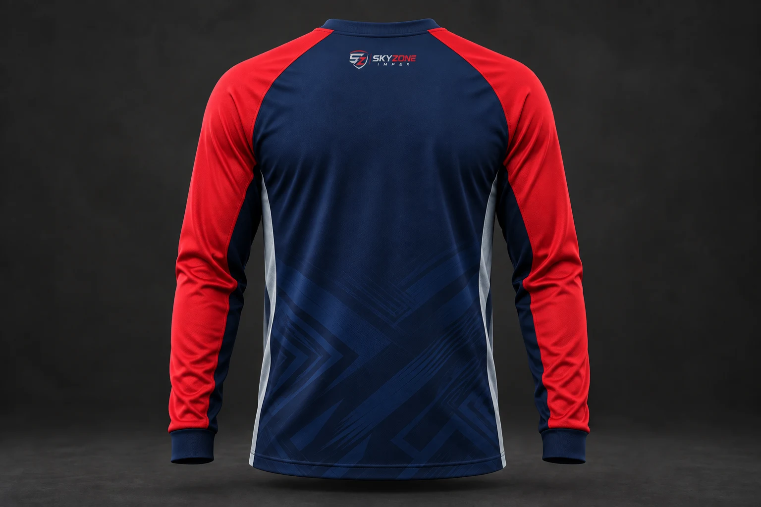 Back design of navy and red custom team warm-up shirt with Sky Zone Impex logo near neckline