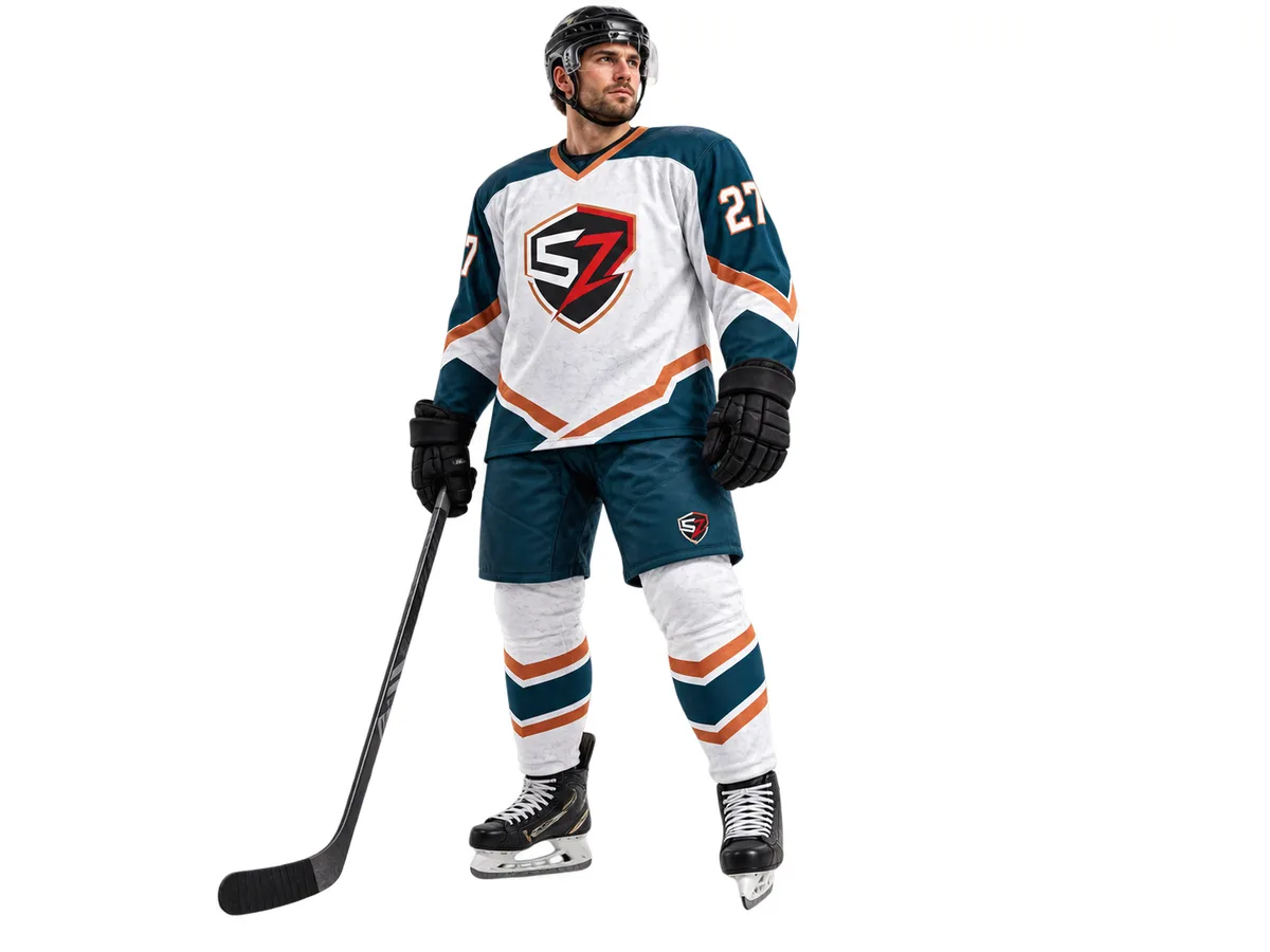 Three-quarter view of white teal and copper sublimated hockey jersey concept