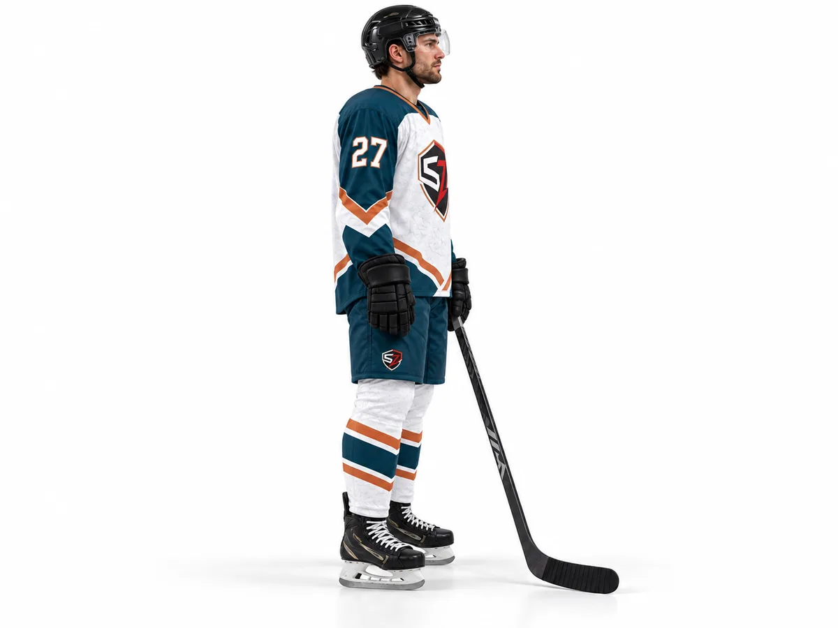 Side profile of Glacier Copper ice hockey jersey and pant shell design