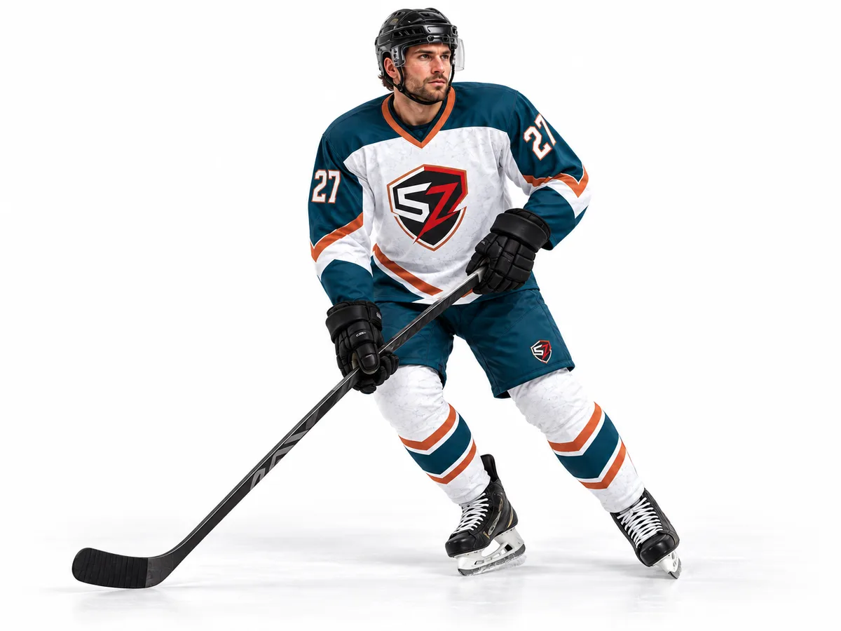 Glacier Copper hockey uniform concept in a skating stance