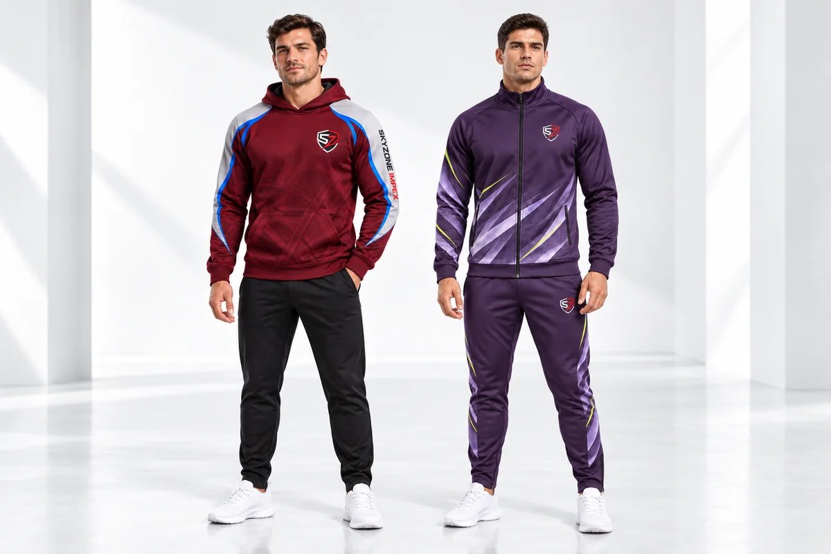 Custom sports hoodie and sublimated club tracksuit campaign front view