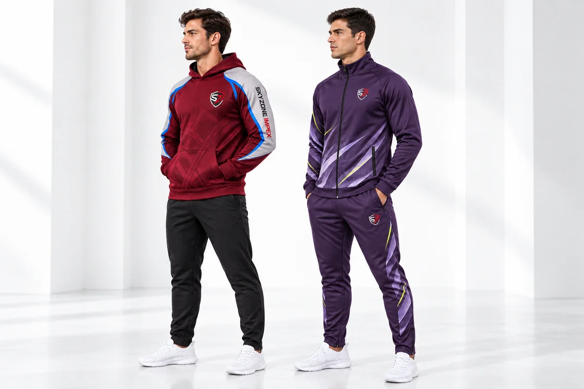 Side profile preview of sports club hoodie and tracksuit designs