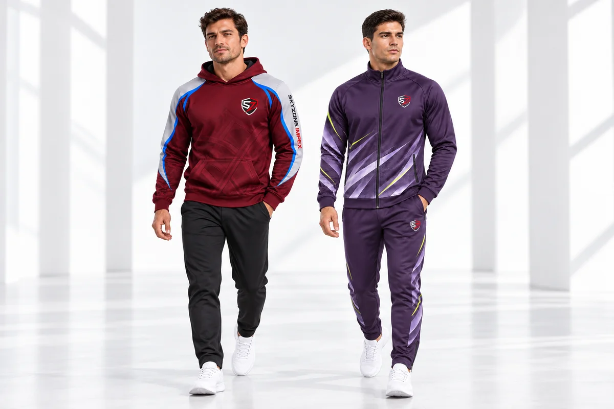 Club travel-wear concept with custom pullover hoodie and sports tracksuit