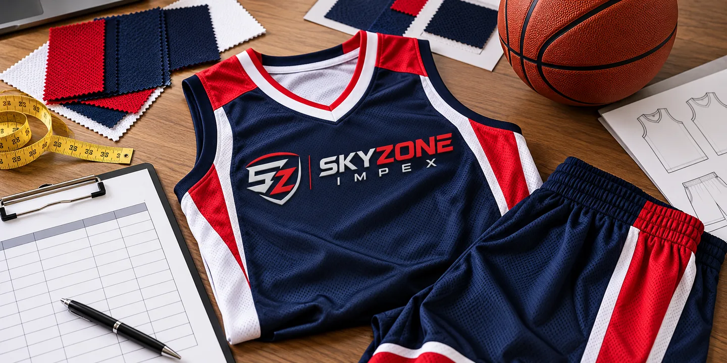 Skyzone Impex branded basketball jersey and shorts beside a roster sheet, measuring tape and fabric swatches