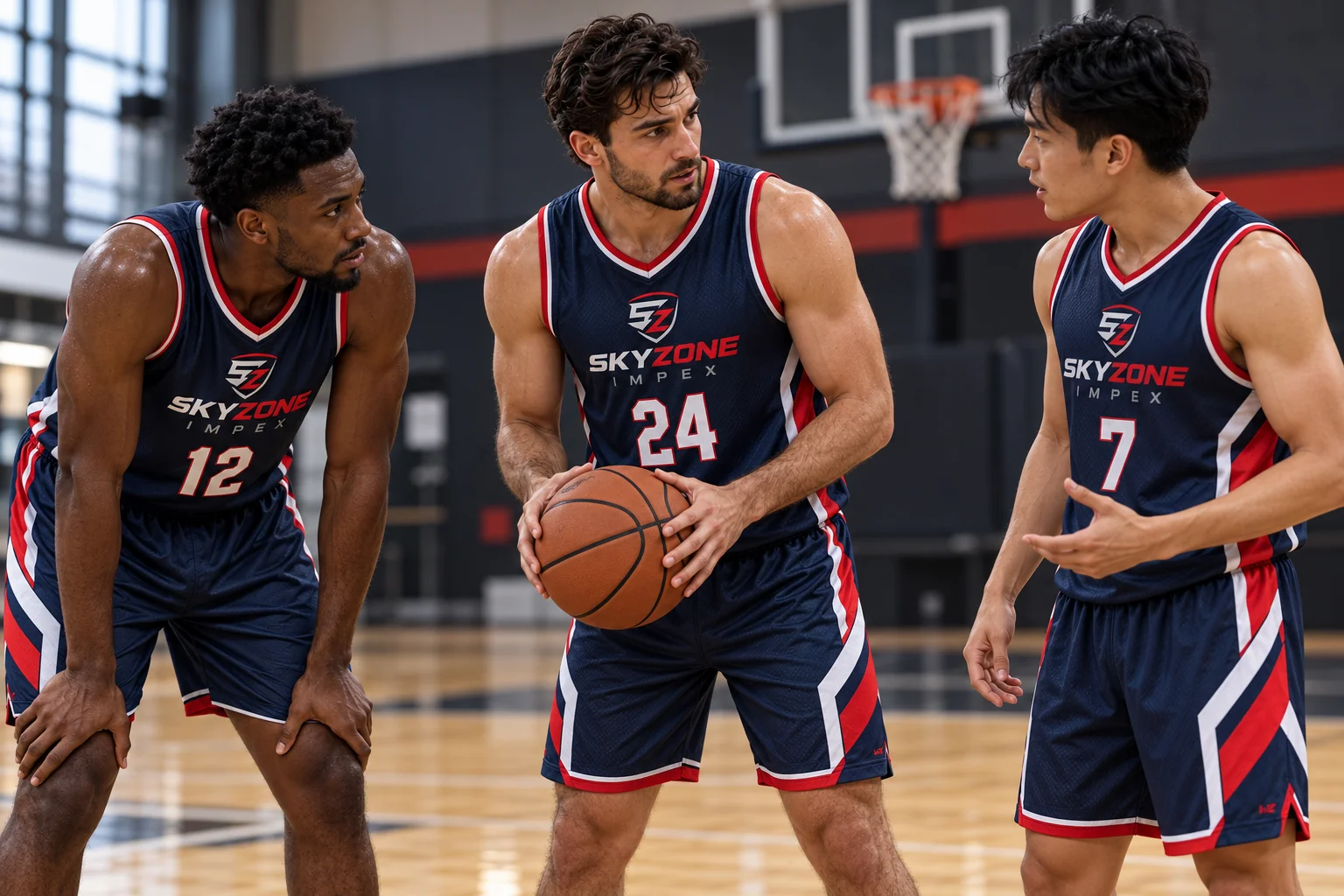 Indoor basketball practice concept with players wearing navy, red and white Skyzone Impex uniforms