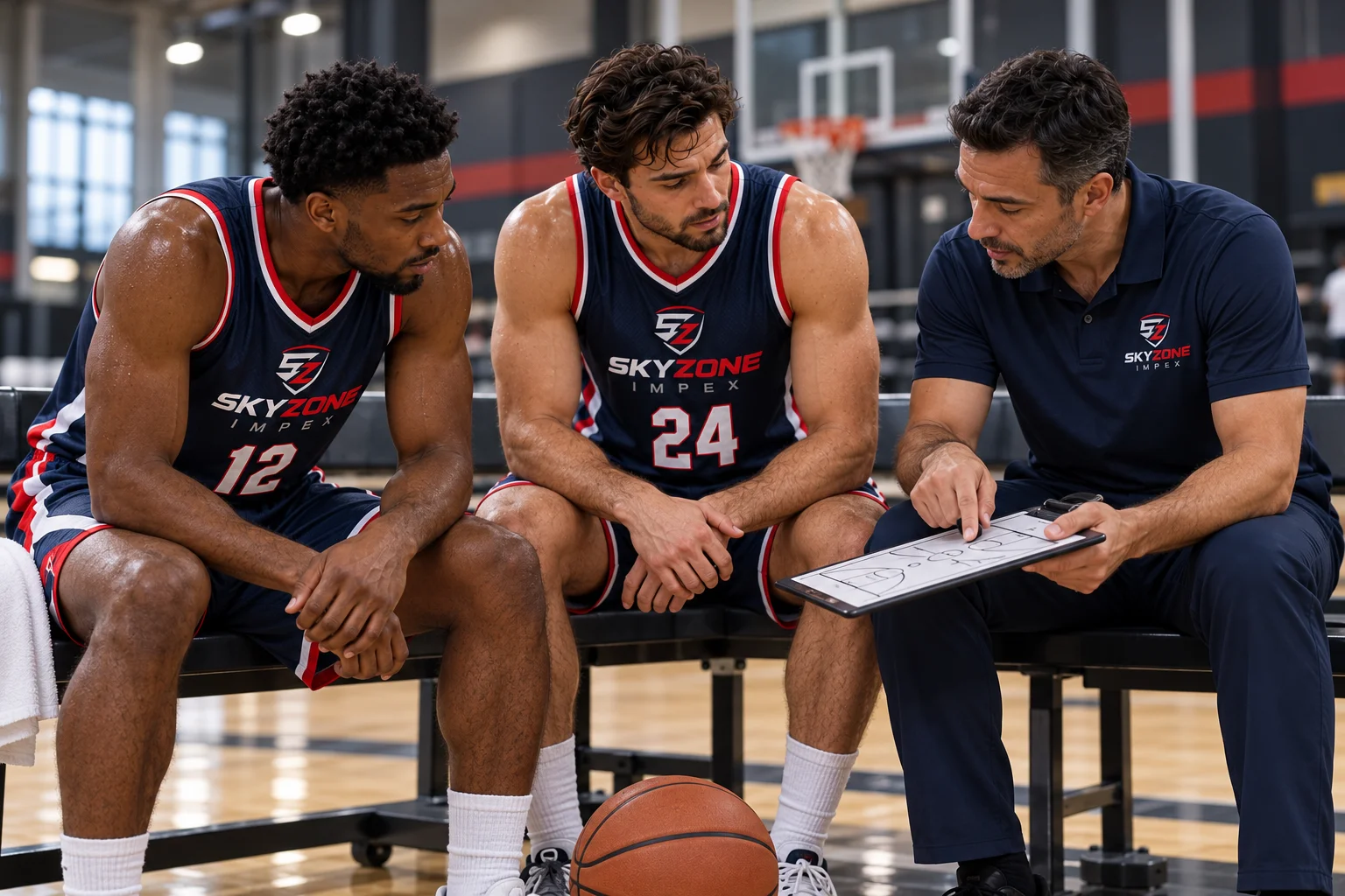 Basketball players and coach reviewing a team roster on an indoor court bench in Skyzone branded kit