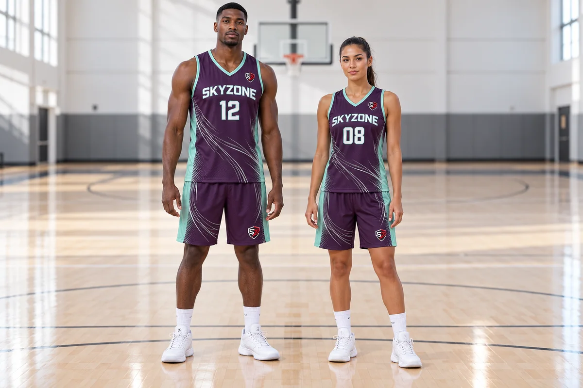 Men’s and women’s plum and mint custom indoor basketball uniforms front design preview