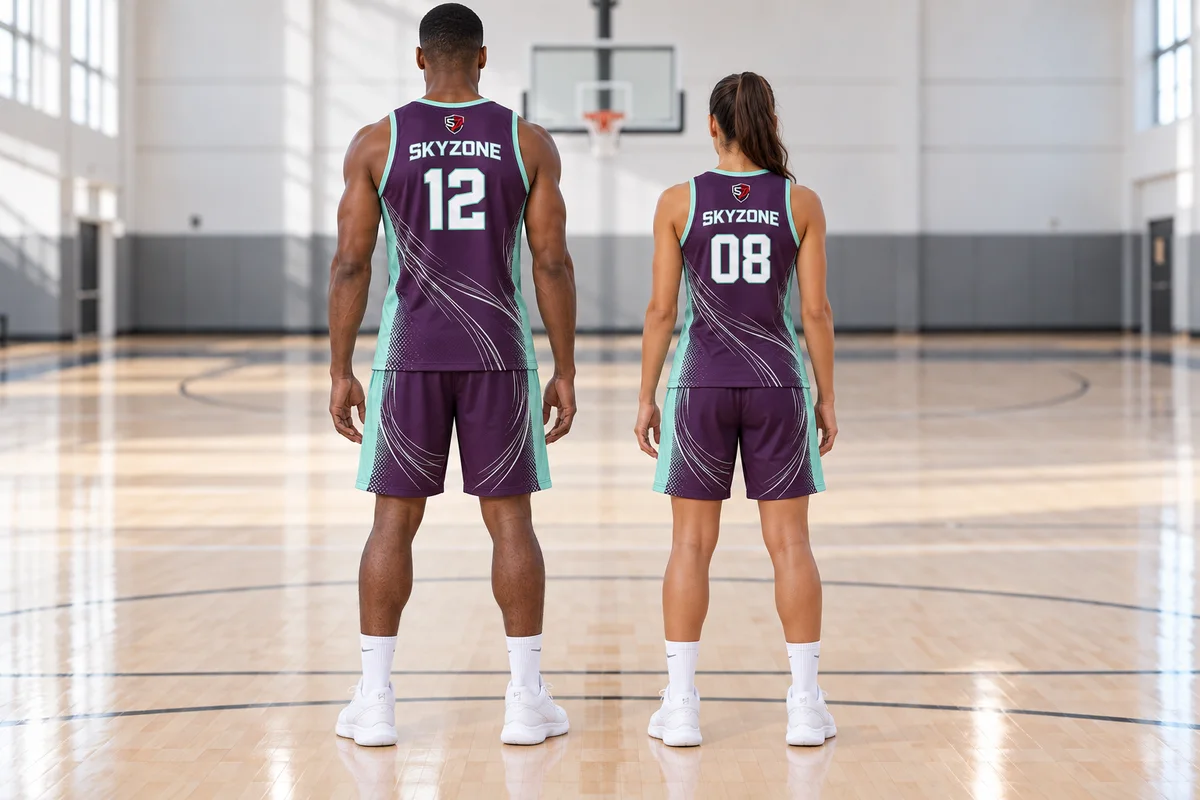 Back view of custom basketball jerseys showing personalised number placement