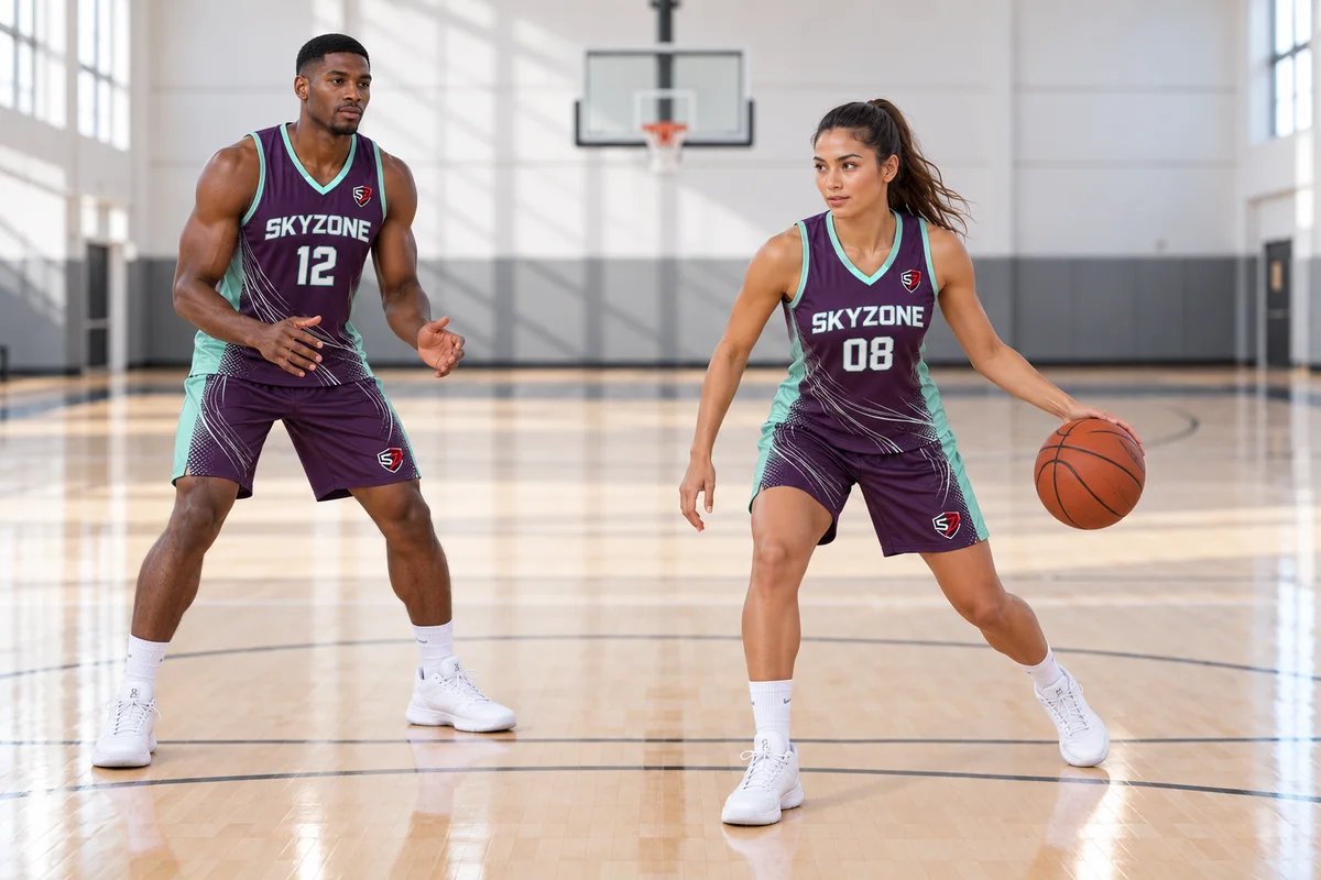 Custom indoor basketball kit movement preview on adult male and female athletes