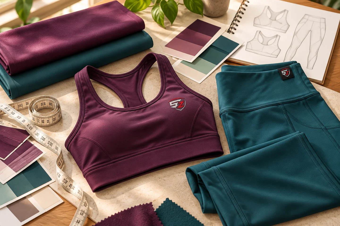Plum sports bra, teal leggings, fabric swatches and Skyzone logo details on an activewear design table