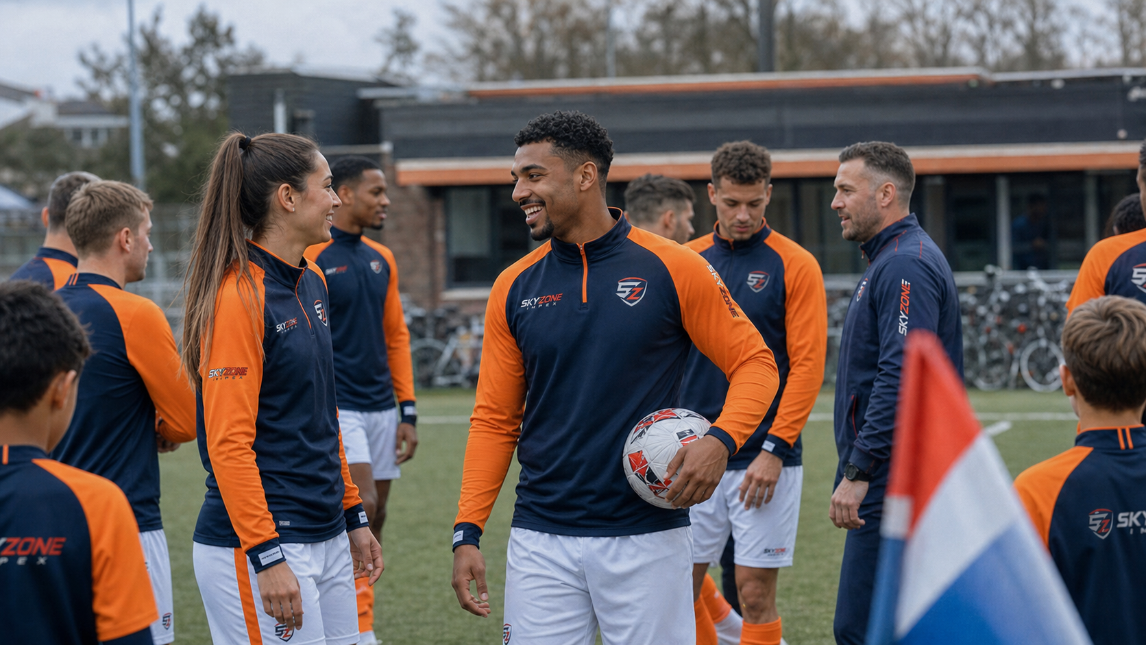 Mixed Dutch football squad in custom orange and navy training kits