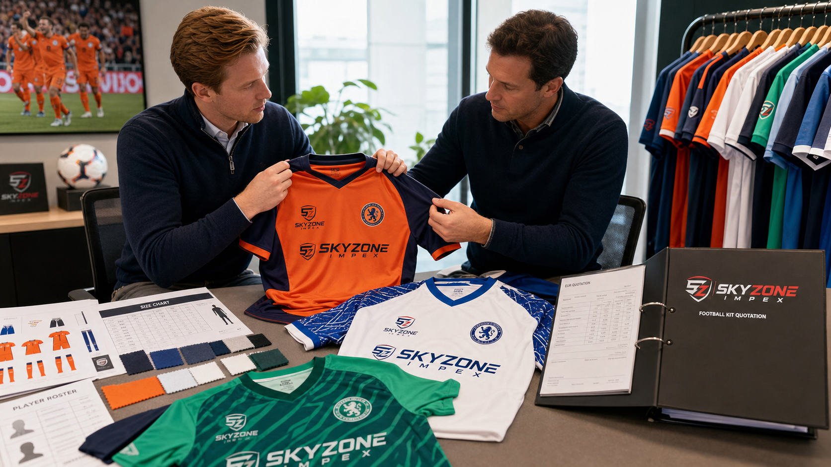 European football buyers inspecting custom kit fabrics colors and specifications