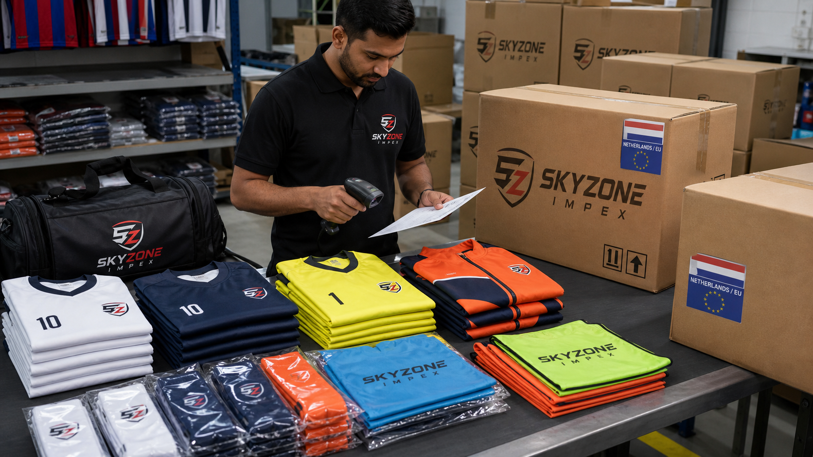 Quality inspector checking football club package for Netherlands and European dispatch