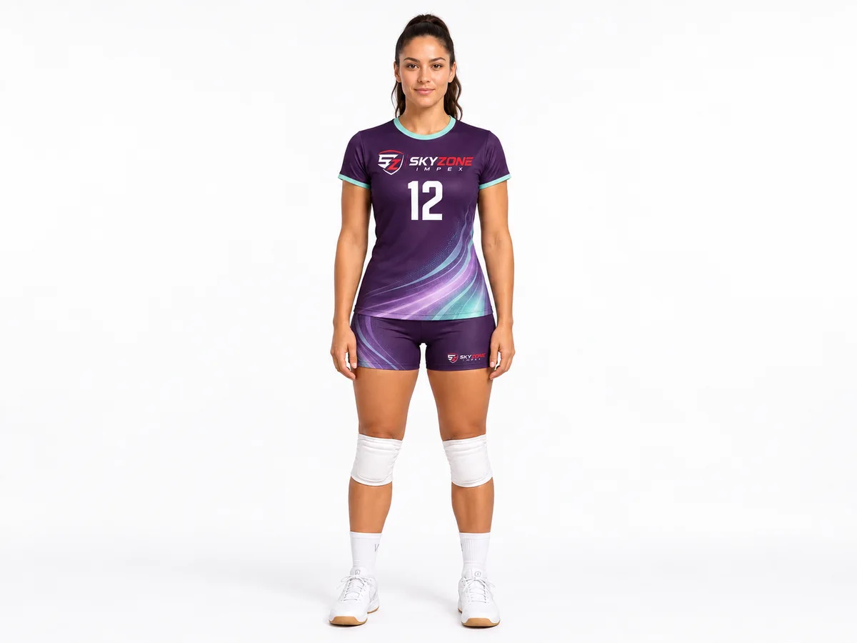 Front view of Plum Aurora custom women’s volleyball jersey and shorts