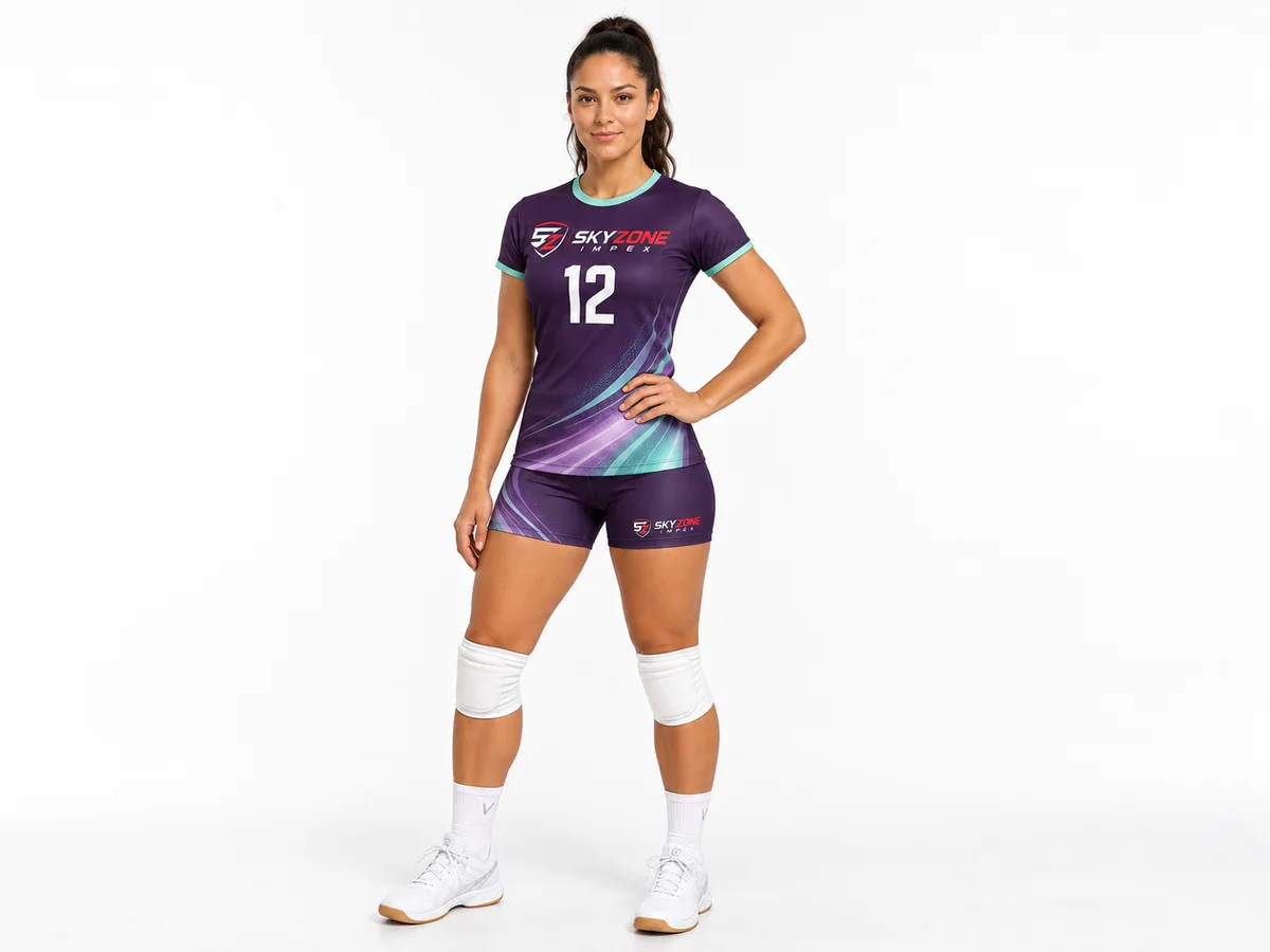 Three-quarter view of the plum lilac and mint sublimated volleyball uniform