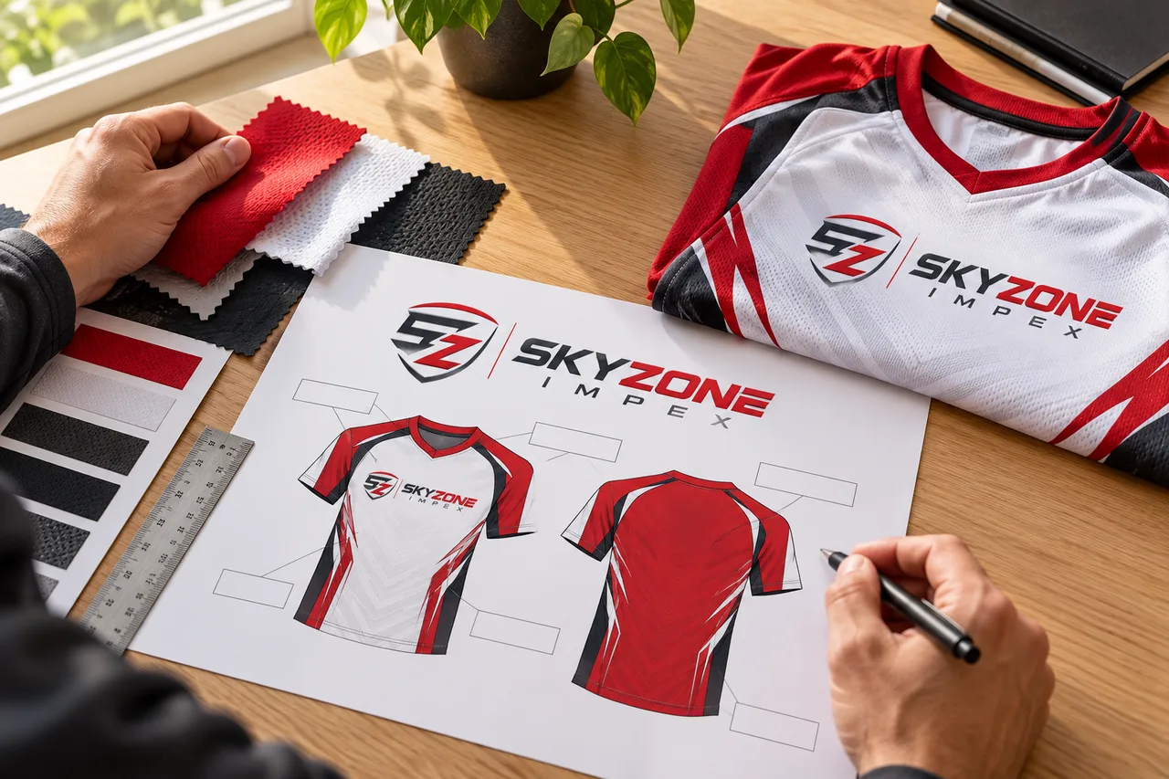 Coach reviewing Skyzone branded jersey artwork and red white and charcoal fabric samples