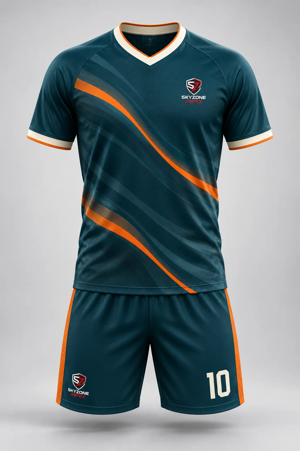 Front view of a midnight-teal ivory and orange Skyzone Impex custom soccer uniform