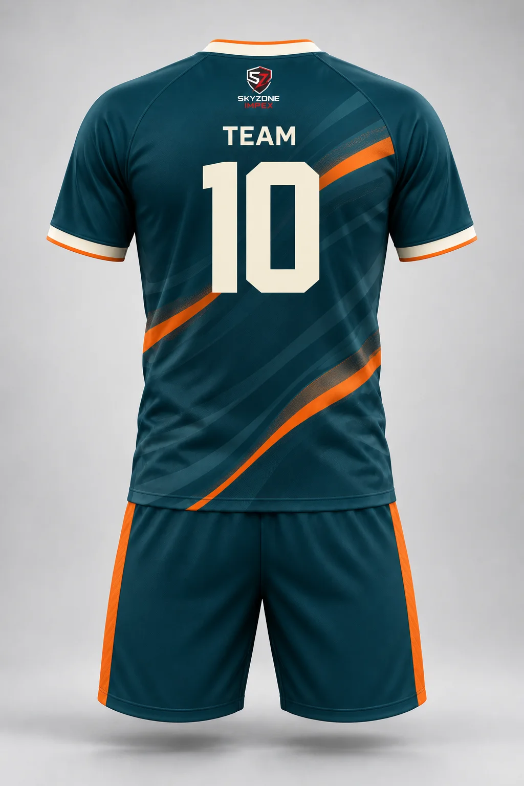 Back view of the teal and orange custom soccer uniform with sample player number